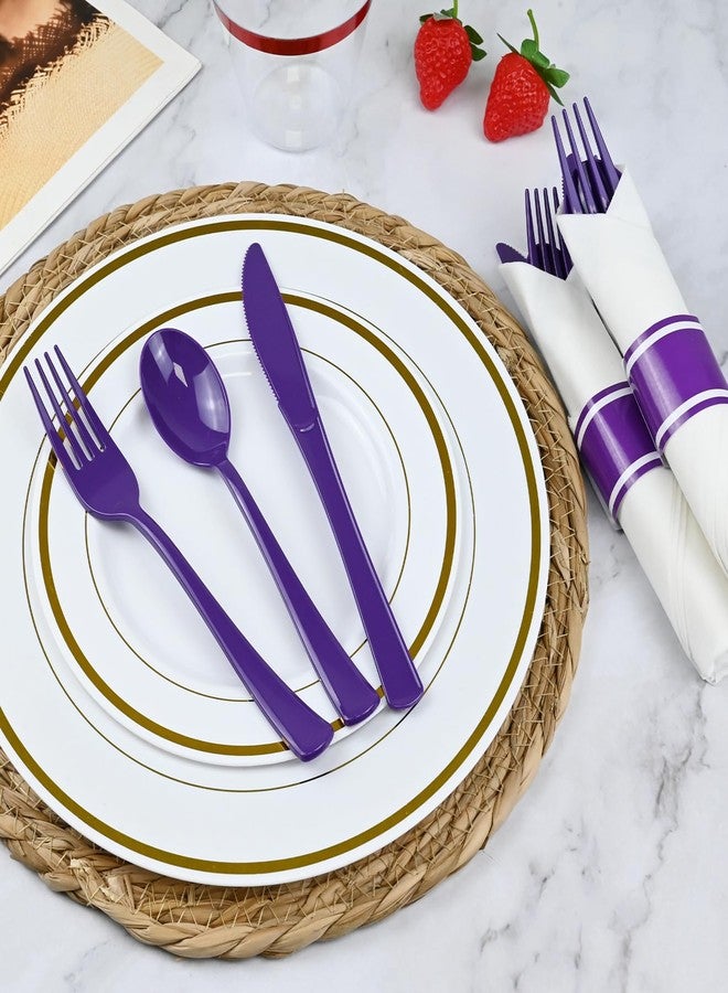 pyntop 30 Pack Pre Rolled Purple Plastic Silverware with Napkins - Disposable Cutlery Set with Forks, Knives, Spoons & Linen-Like Dinner Napkins, Wrapped Plastic Utensils for Weddings, Parties & Events - Image 2